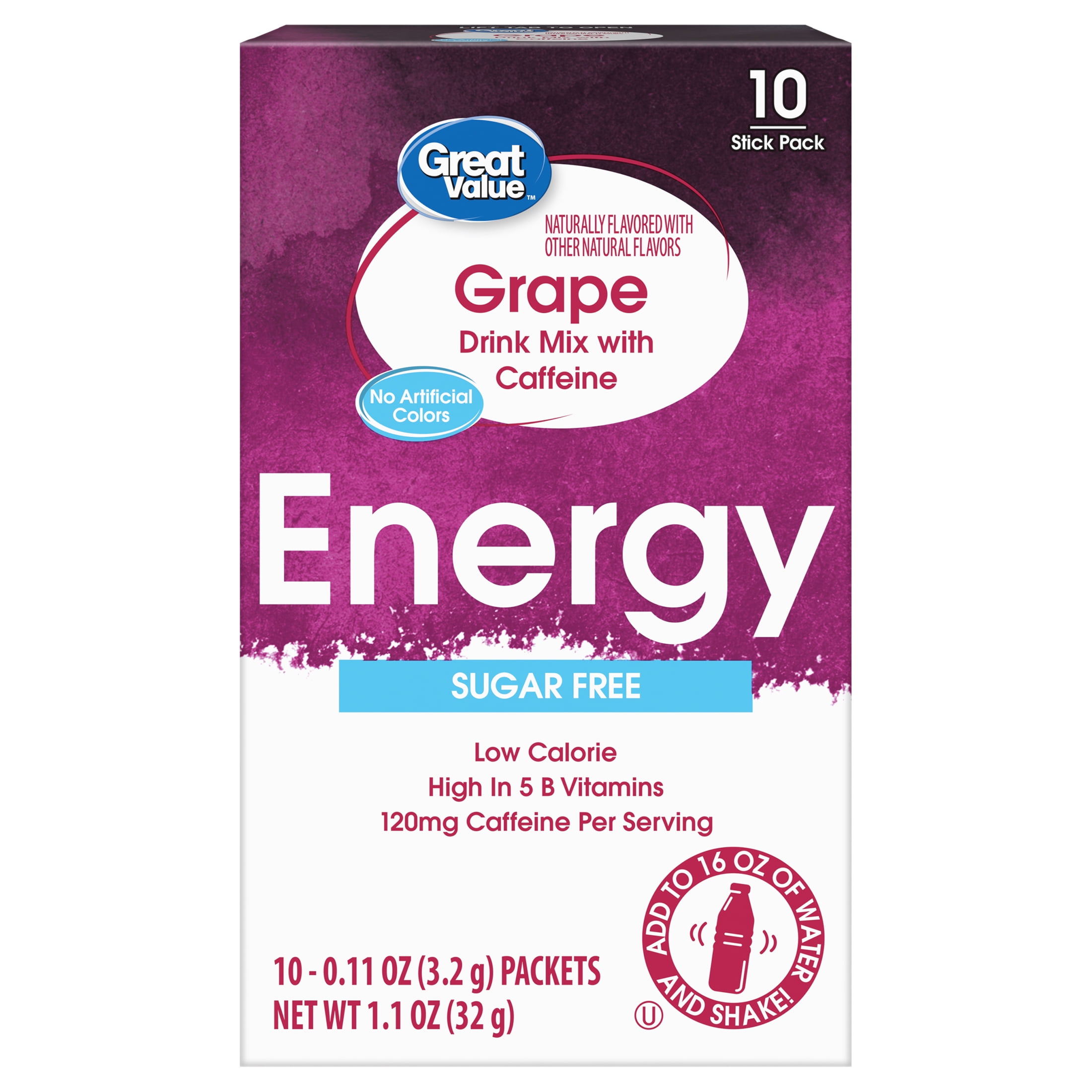 Great Value Sugar-Free Grape Energy Powdered Drink Mix, 1.1 oz, 10 Packets