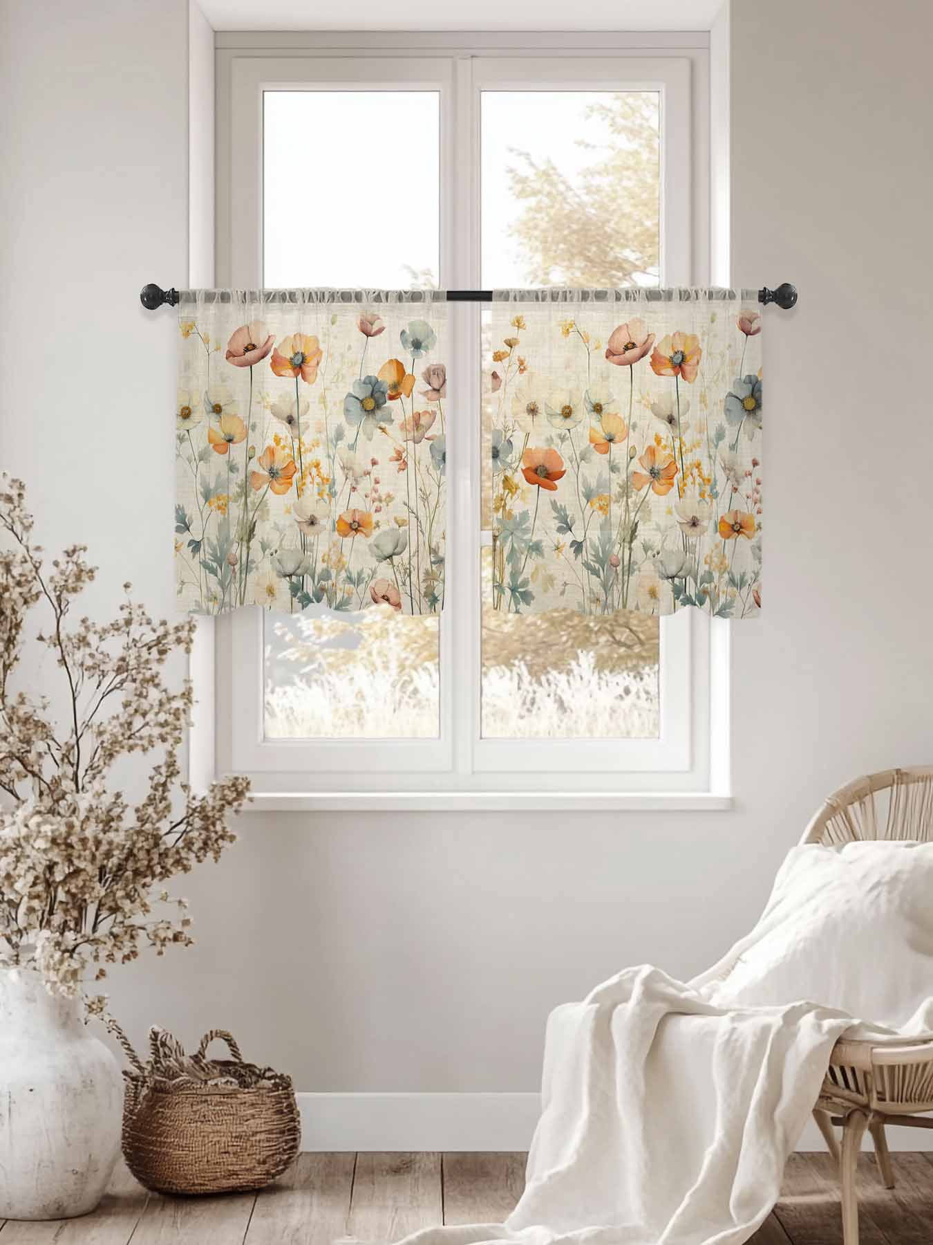 Vintage Flowers Sheer Curtains 45 inches Long 2 Panels Set Watercolor Floral Leaves Linen Tiers Sheers Rod Pocket Small Window Short Curtains for Kitchen Cafe, Each 52" W x 45" L