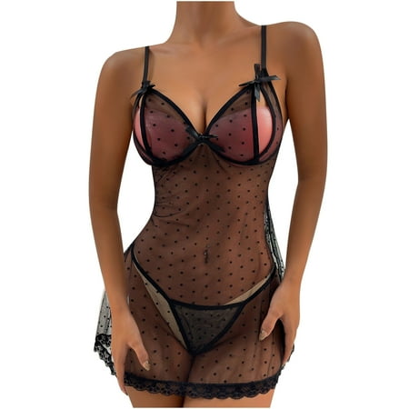 

Lingerie Set for Women Dots Lace Babydoll See Through Cute Boudoir Outfits Sexy Mini Teddy Negligees with Panty