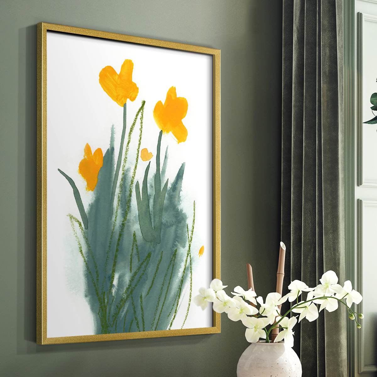 Daffodil Bunch I Framed Print in Gold Solid Wood Framed Print No Nail Hanging
