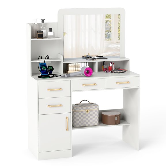 Gymax 39.5'' Modern Makeup Table Vanity Desk w/ Power Outlets & Open Shelves White