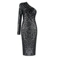 thumbnail image 4 of Prolriy Robe à Sequins pour Femmes Longue Robe Épaule une Paillette Épaule Froncée Mode Femmes Paillette Froide Robe Unie Robes de Vacances pour Femmes 2025 Robe de Réveillon Noire m, 4 of 8