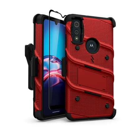 Zizo Bolt Series for Moto E (2020) Case with Screen Protector Kickstand Holster Lanyard - Red & Black