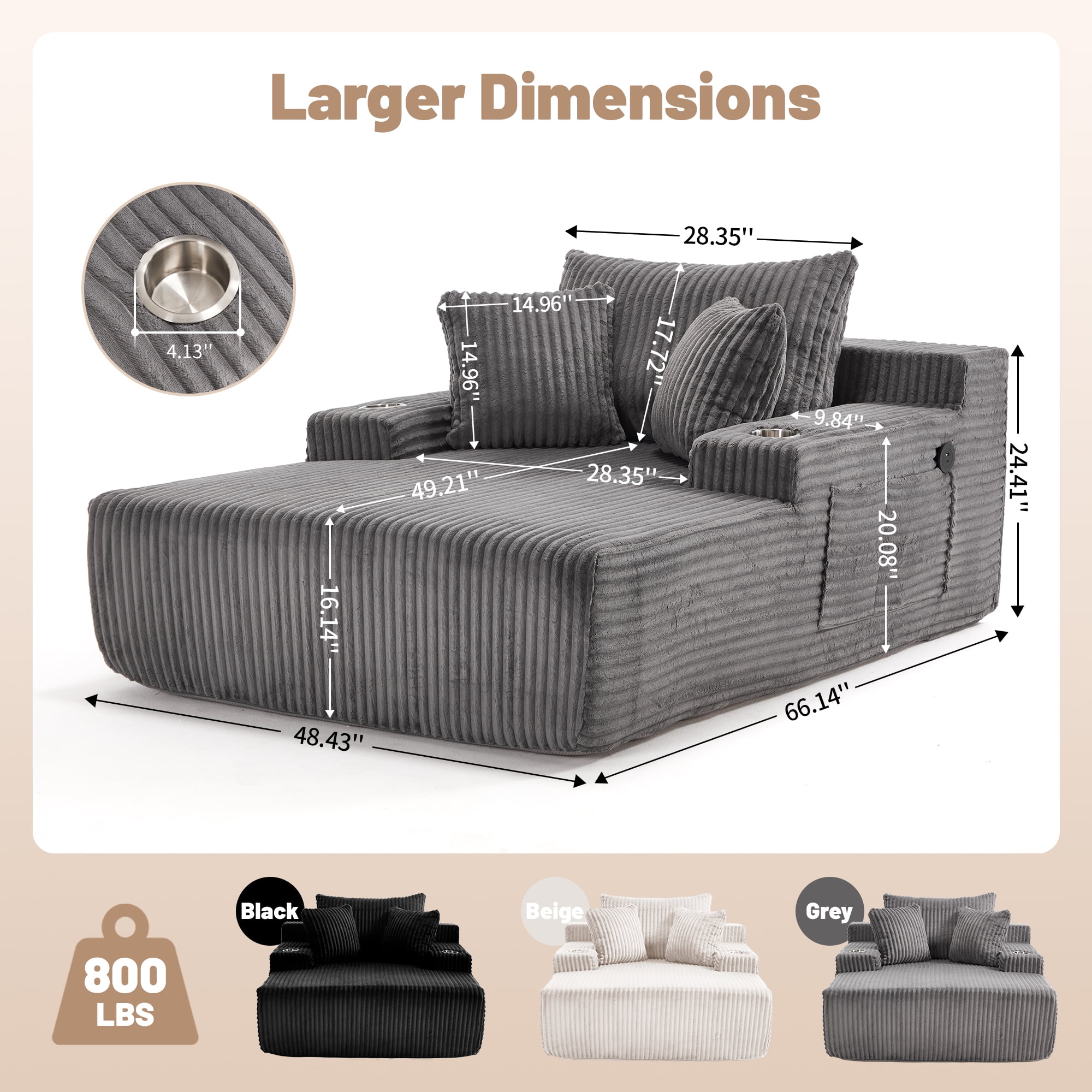 Chaise Lounge Chair Indoor, Oversized Corduroy Upholstered Boneless Sofa with USB & Type C, Deep Seat Sleeper Couch Reading Chairs with Pillows, Pre-assembled Corduroy Sofas Couches Living Room