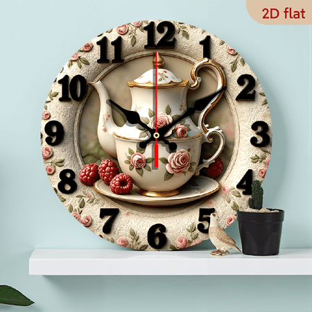 2D Flat, 1pc 10 Inch Vintage Floral Wall Clock - Elegant Teapot Floral Design in BeigeWhiteBlack, Silent Non-Ticking Movement, Artificial Wood - for Living Room, Bedroom, Kitchen, Bathroom, Office