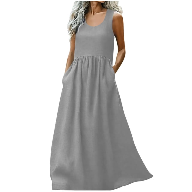 Kyusrd Robe Maxi pour Femmes Robe d'Été Débardeur Robe Sans Manches Robe Soleil Col en V Fluide Ligne A Longue avec Poche
