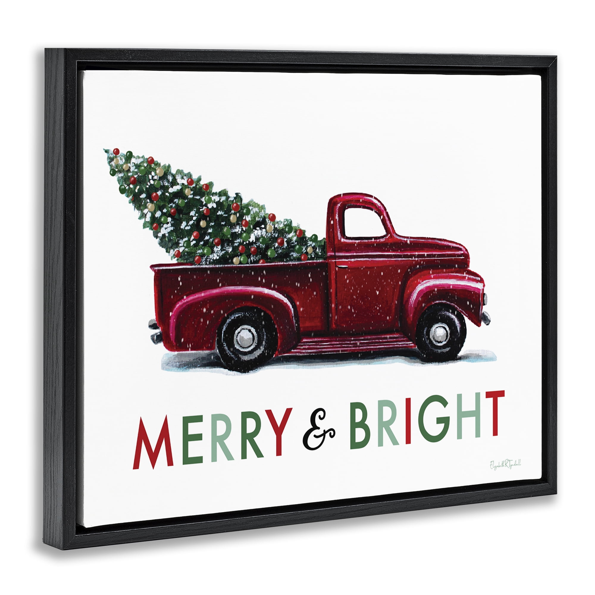 Stupell Industries Merry Bright Christmas Truck Holiday Painting Black Floater Framed Canvas Art Prints Wall Art, 21 x 17