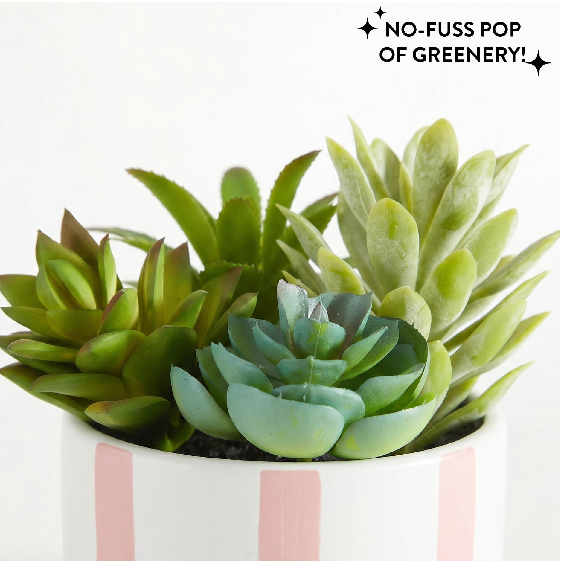 Mainstays Faux Succulent Plant in Pink and White Striped Ceramic Jar