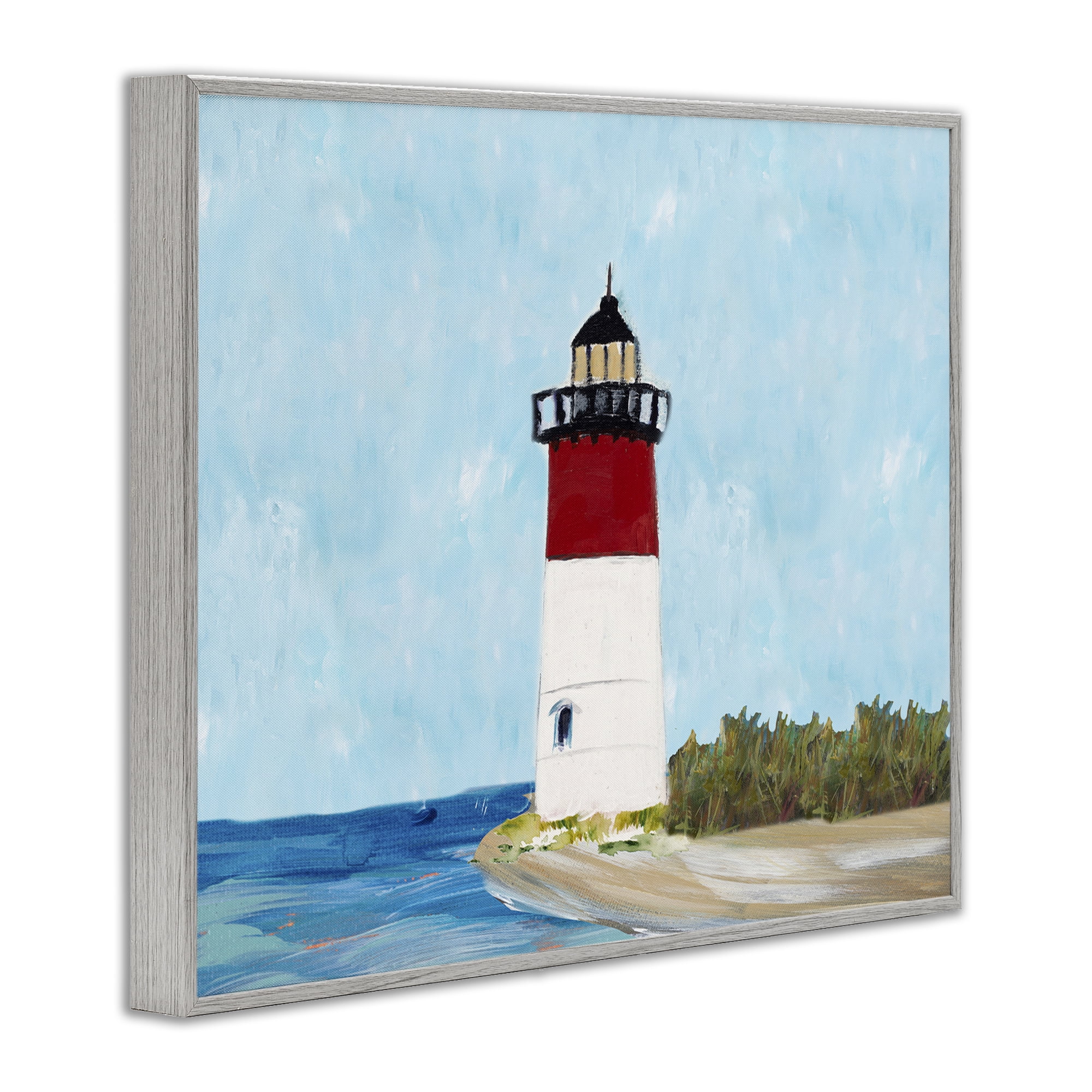 Stupell Industries Coastal Lighthouse on Blue Coastal Painting Gray Framed Art Print Wall Art, 30 x 24