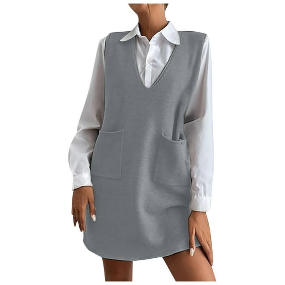 RMGVDSD Womens Sweater Vest Dress Knitted Pullovers Sweaters V Neck Tank Sweater Dress With Pockets Sleeveless Vests Solid Color Sweater Fall Outfits for Women /Dark Gray