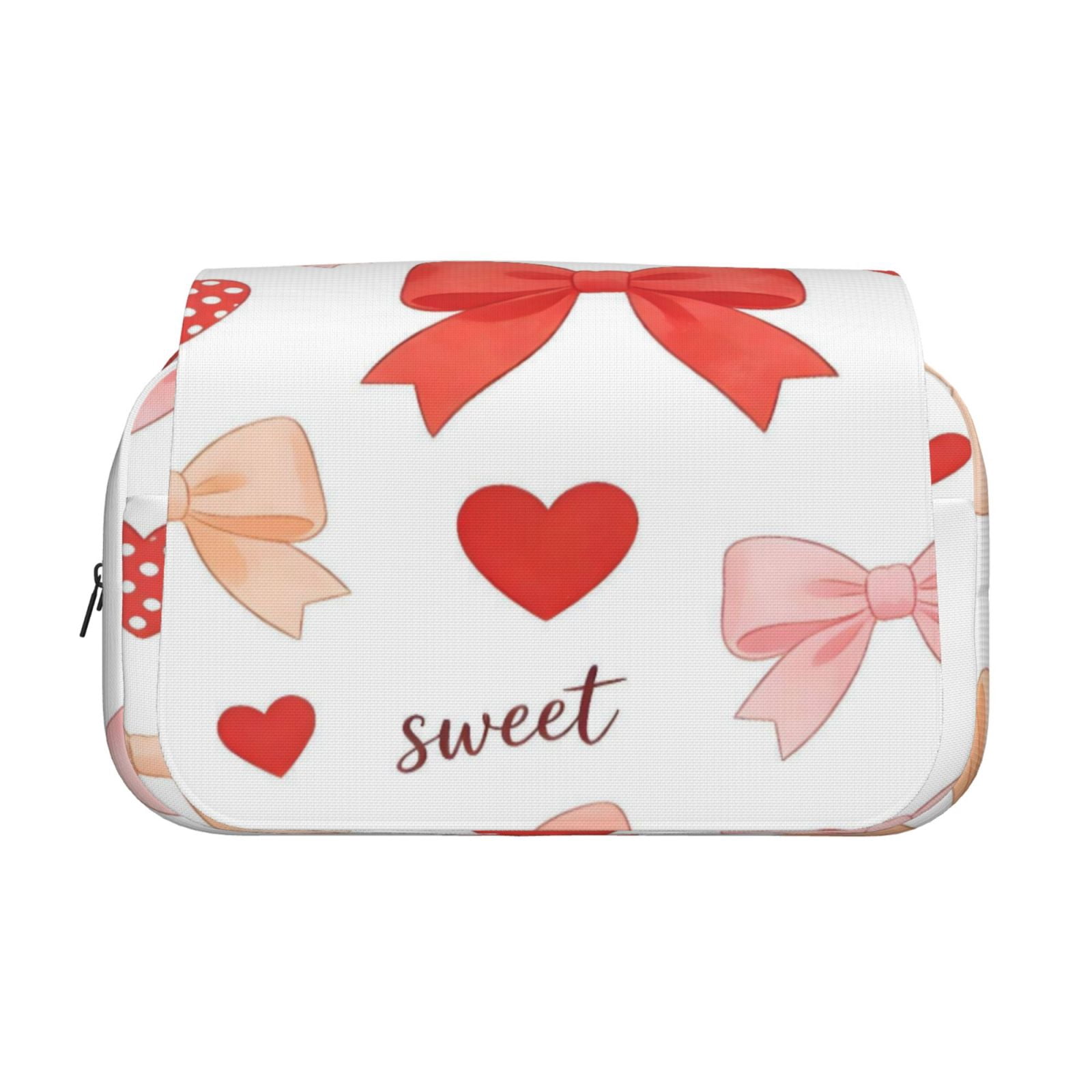 Large-Capacity Flip-Top Double-Layer Pencil Case, Multi-Functional Pocket Pen Case, Durable Stationery Organizer Sweet Love Bow Heart White