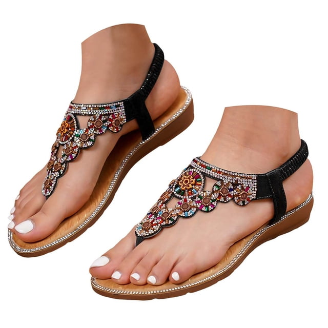 IUJSOY Flip Flops for Women Bohemian Rhinestone Gladiator Sandals Elastic Ankle Strap Flats Shoes