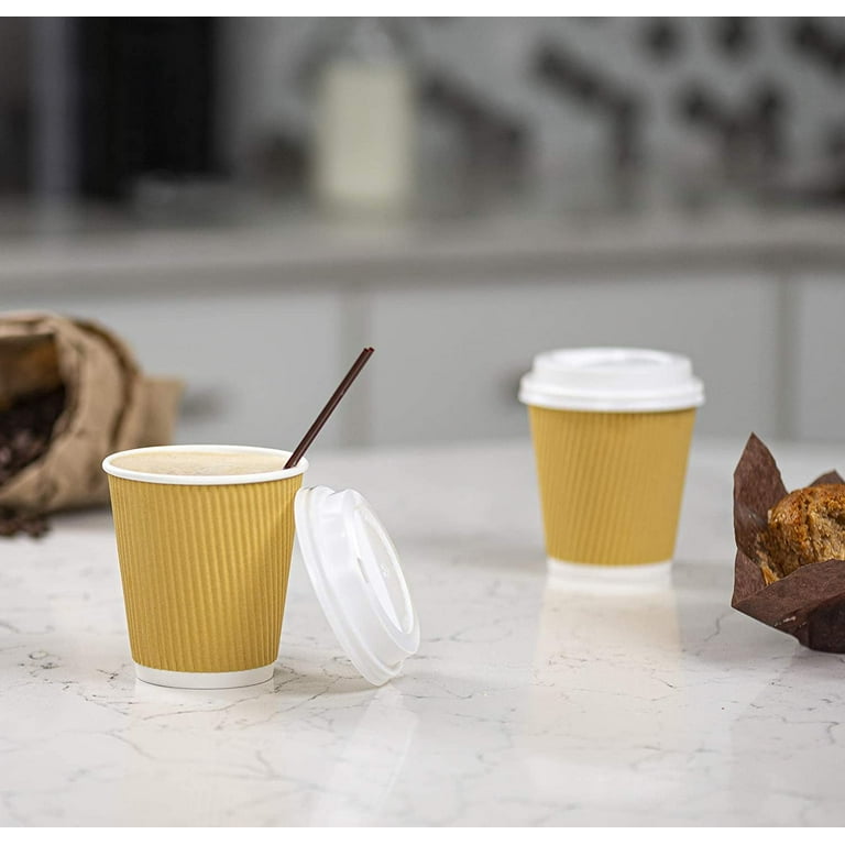 [50 Sets - 10 oz.] Insulated Ripple Paper Hot Coffee Cups With Lids