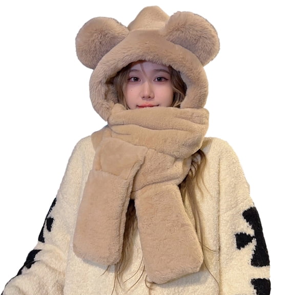 COOLHOOD Bear Trapper Hat Thicken Ushanka Hat Warm Gloves Winter Outdoor Costume Accessory Warm Oversized Hooded Scarf