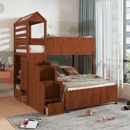 Stairway Twin Over Full Bunk Bed  House Bed with Two Shelves and Seven Drawers Walnut