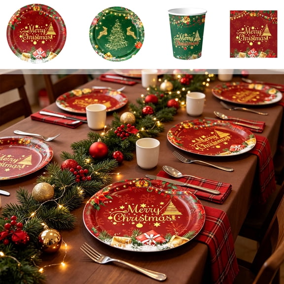 Christmas Paper Plates, Cups, and Napkins, 4 Styles, Disposable Tableware for Holiday Party Supplies