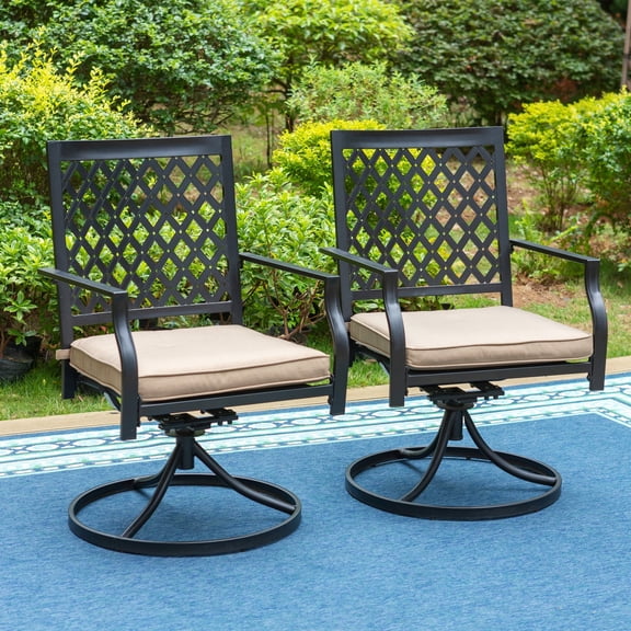 MF Studio Set of 2 Outdoor Patio Swivel Dining Chairs, Steel Frame with Cushion, Mesh Back, Black & Beige