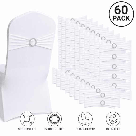 60 Pack Stretch Spandex Chair Sashes with Slide Buckle for Wedding, Spandex Chair Cover Bands for Folding Chairs, Banquet Decorations (White)