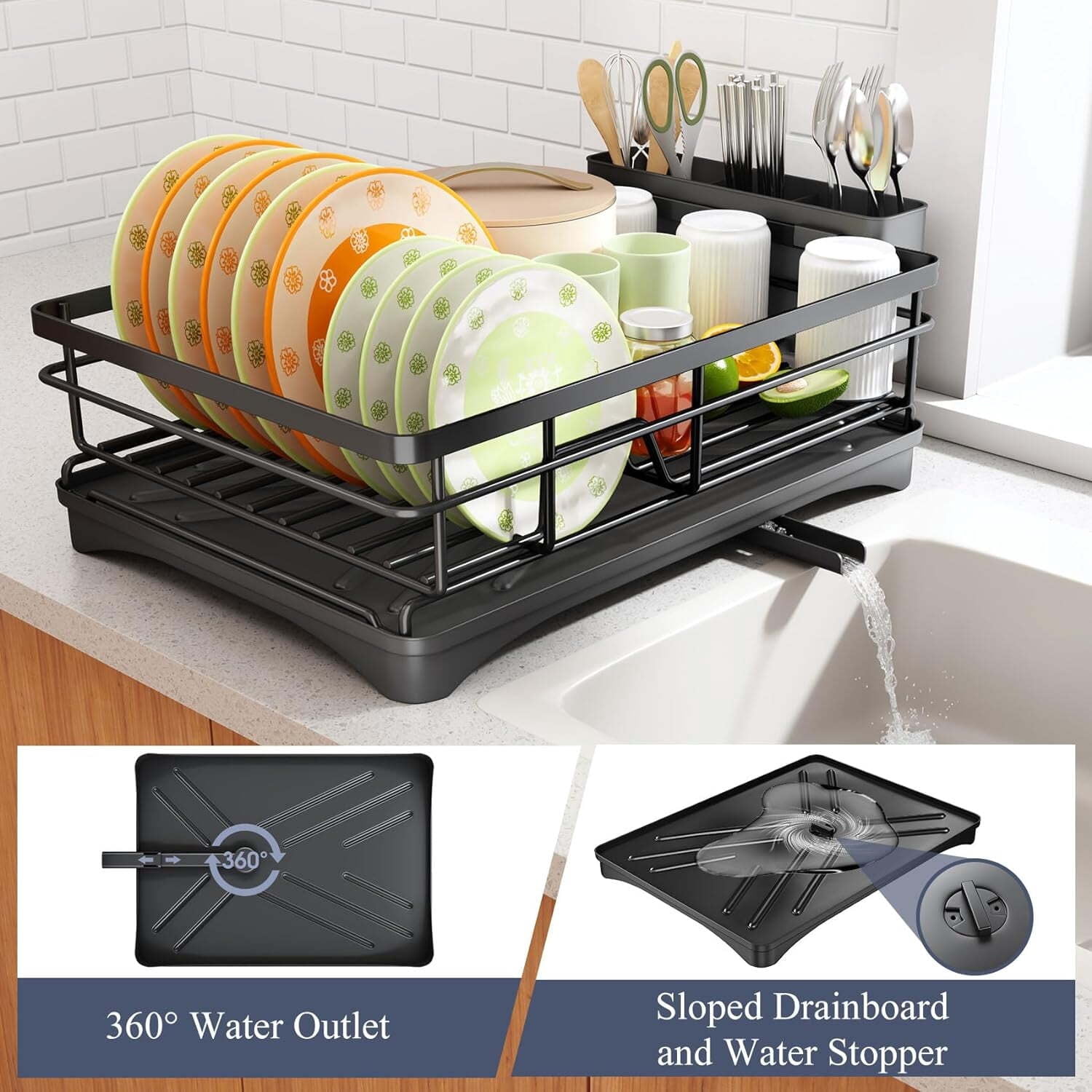 Haibin Dish Rack Drainers for Kitchen Counter, Dish Drying Rack Drain Board Set with Utensil Holder, Cup Holder, Kitchen Dishes Storage and Organizers