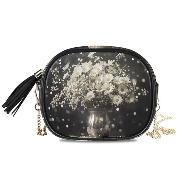 Womens Casual Chain Shoulder Bag Simple style Daisies in Metallic Vase Crossbody Bag