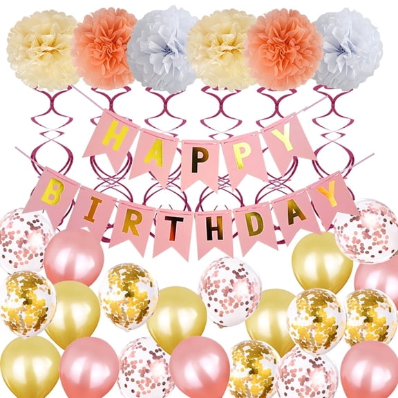 Pukerehab Gold Pink Rose Gold Princess Birthday Decorations Kit, Happy Birthday Banner, Honeycomb Balls, Confetti Balloons, Swirls, 16 Piece