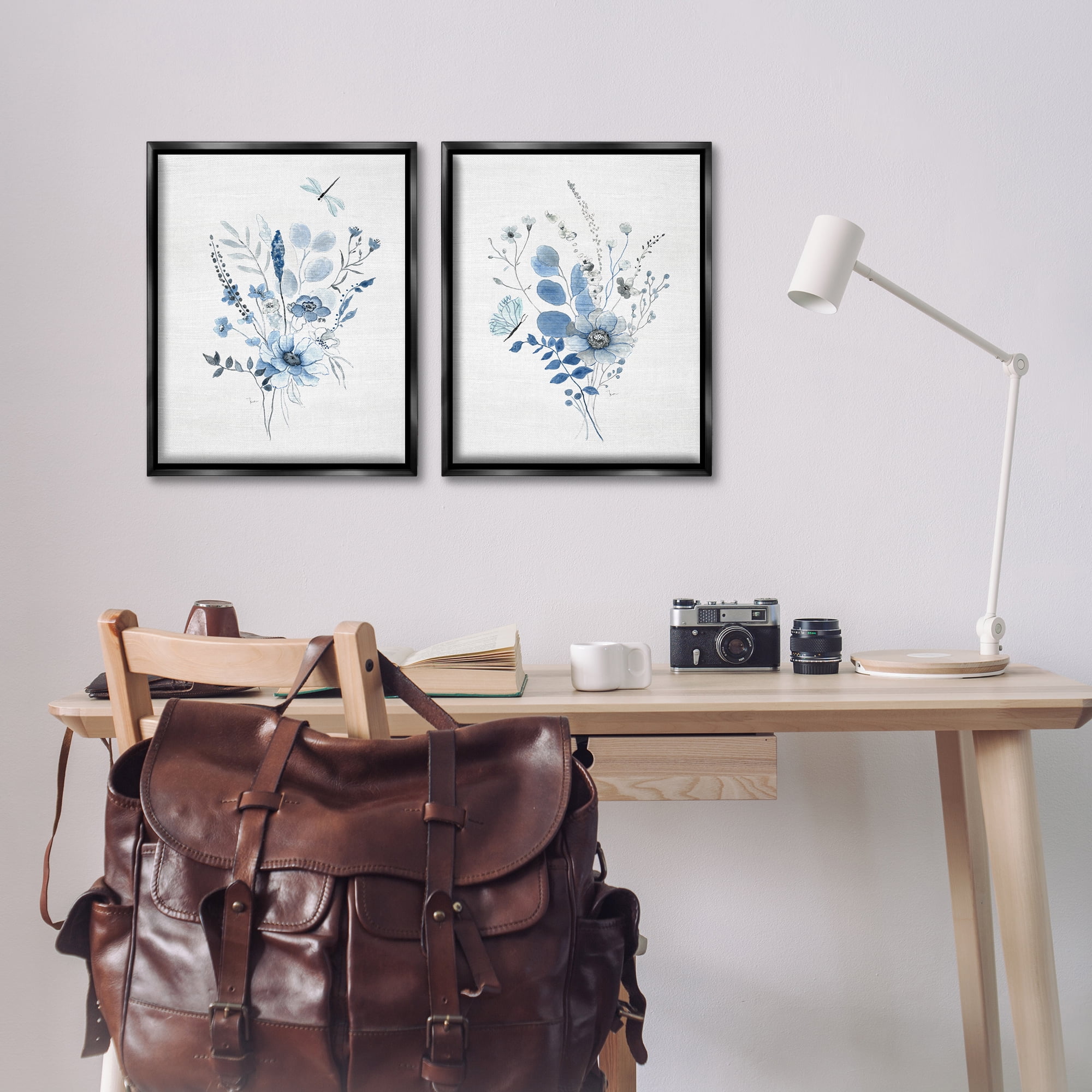 Stupell Industries Blue Dragonfly Flower Plants & Flowers Painting Black Floater Framed Canvas Art Print Wall Art, 17 x 21, Set of 2