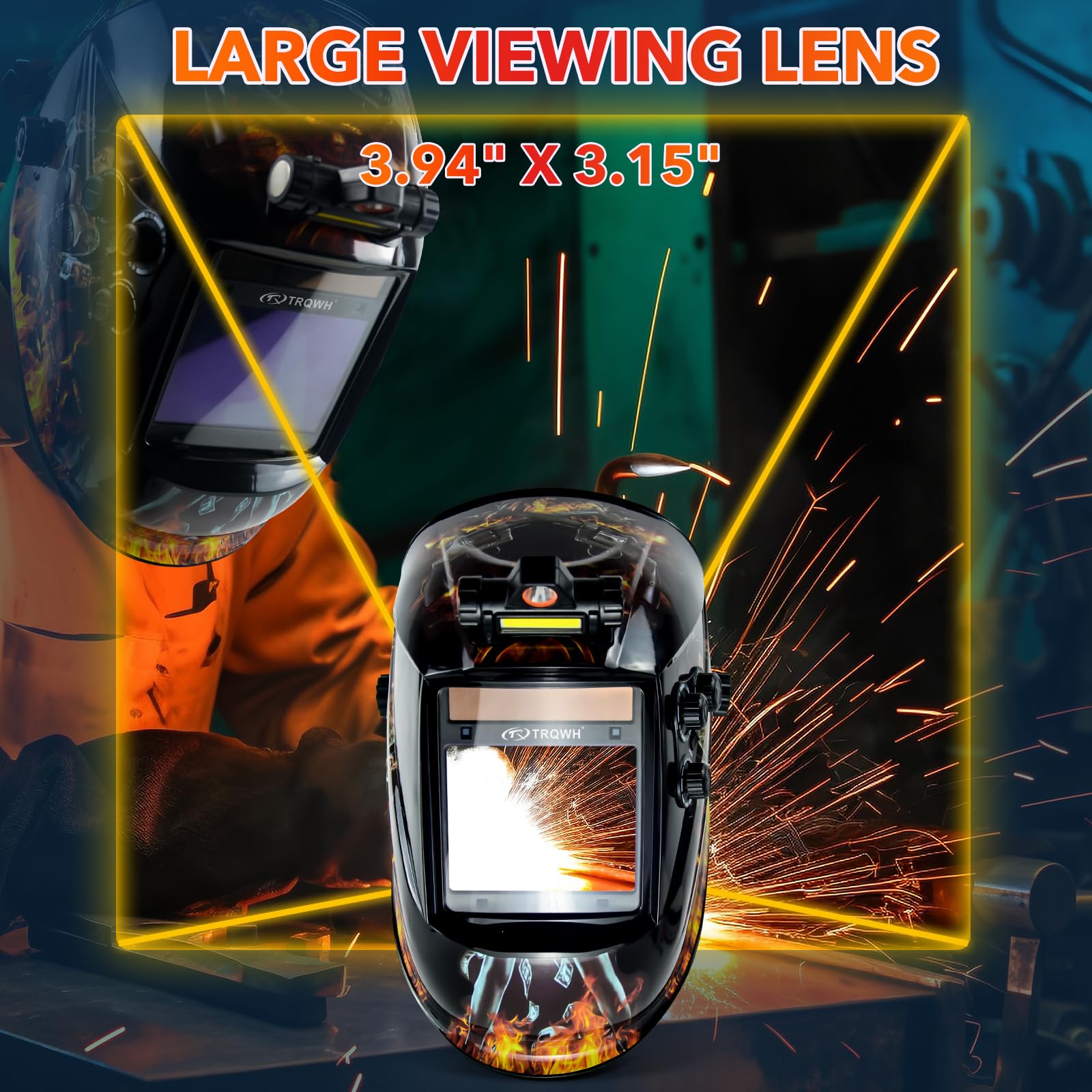 TRQWH Large View 3.94" x 3.15" Welding Helmet Auto Darkening Welding Hood with LED Light Solar Powered True Color 4 Arc Sensor Welding Mask Wide Shade 4/5-9/9-13 Weld Helmet with Grinding (KTS-QLS05)