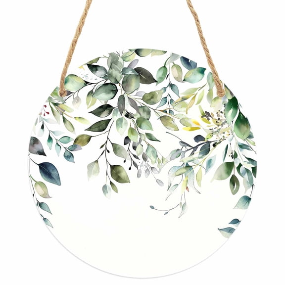 Eucalyptus Leaves Round Front Door Welcome Sign, 7.8 Inch Wall Hanging Decor for Indoor Outdoor, Watercolor Weeping Teal Botanical Home Porch Hanger Decorations for Holiday Gift
