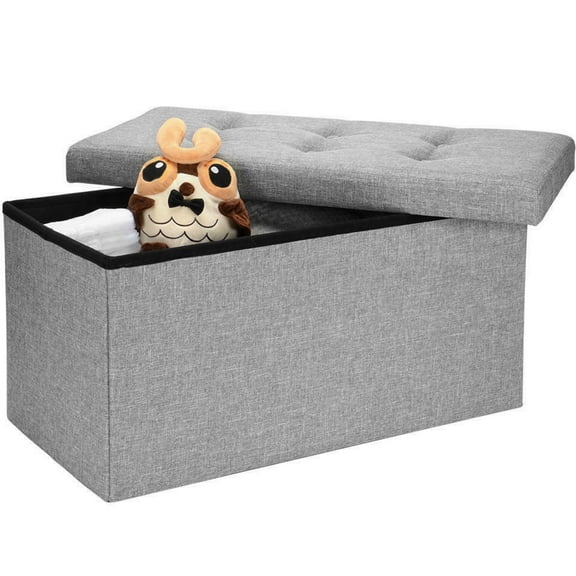 30 Inches Folding Storage Ottoman Bench, Poly Linen Storage Chest, Ottoman Seat Foot Rest Stool, End of Bed Bench, 440 lb Max Load (Grey, 30"L x 15"W x 15"H)