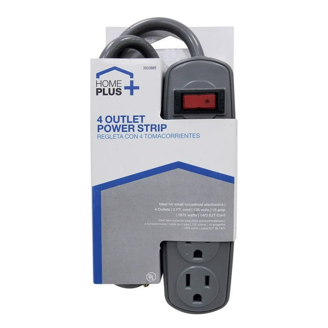 Power Strip Home Plus, 60 cm, 4 enchufes, cable de 2 pies de longitud, gris