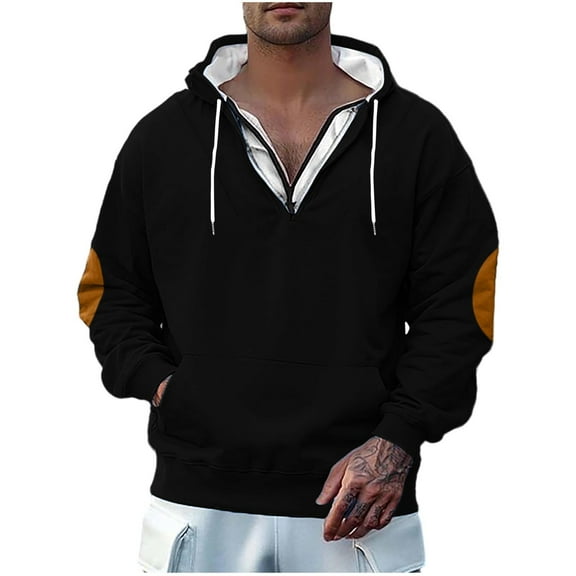 Dagegui Hooded Sweatshirt for Men 1/4 Zip Up V-Neck Hoodie Stylish Elbow Patch Pullover Fleece Long Sleeve Tops with Pocket Black S