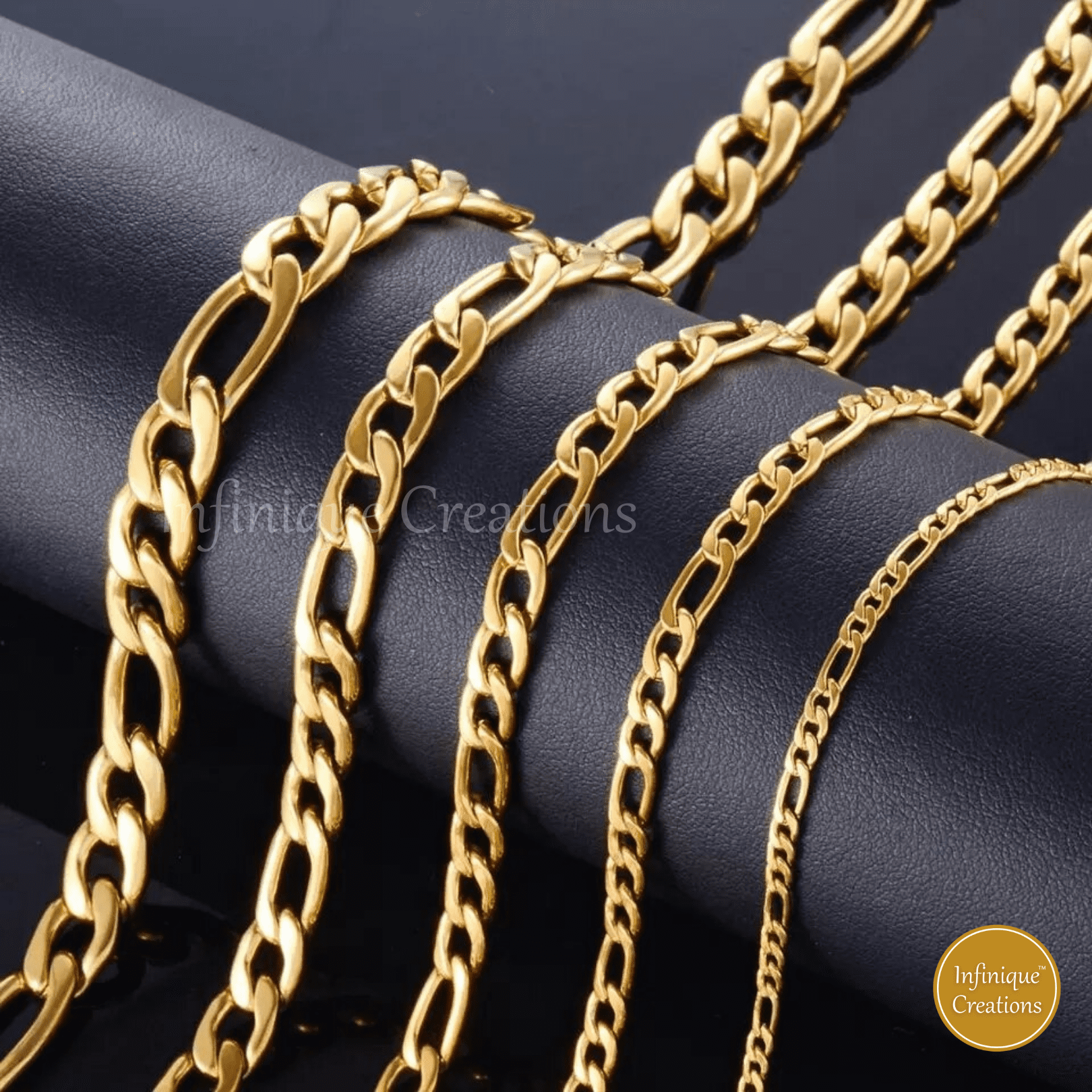 Infinique Creations - 18K Gold Plated Stainless Steel Figaro Chain Bracelet Necklace 7-38" 3-12mm
