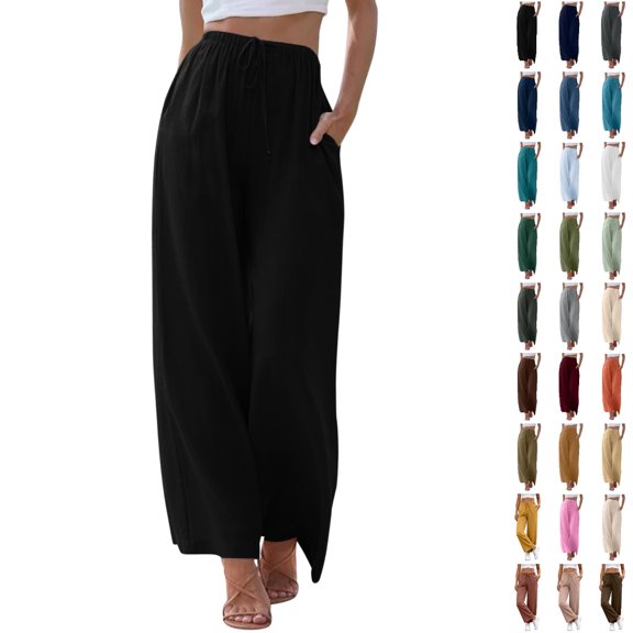 Bmisegm Womens Summer Pants High Waisted Wide Leg Pants Drawstring Elastic Trousers Straight Leg Long Pants with Pockets Palazzo Pants for Women Black L