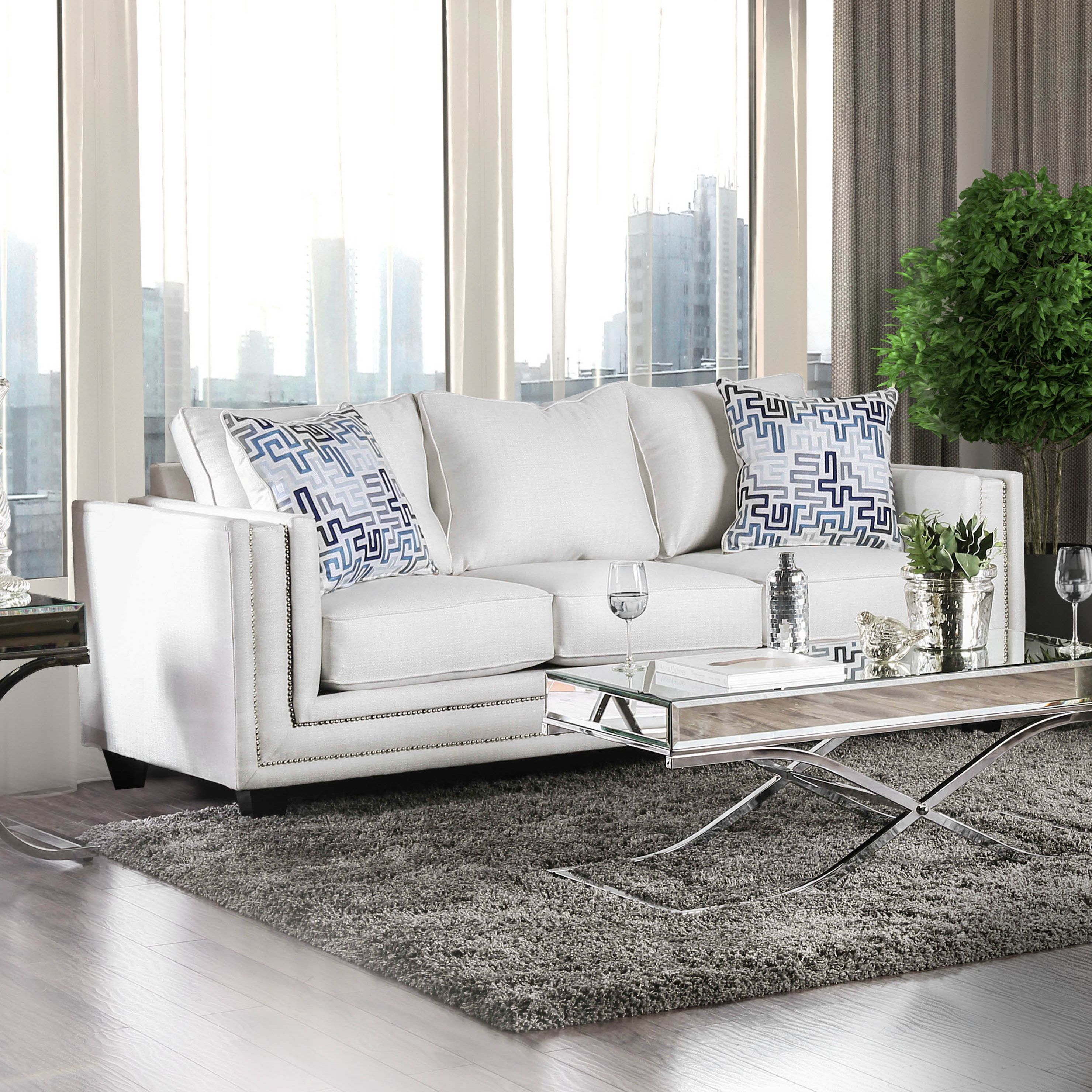 Furniture of America Carlyle Ivory Chenille Nailhead Sofa