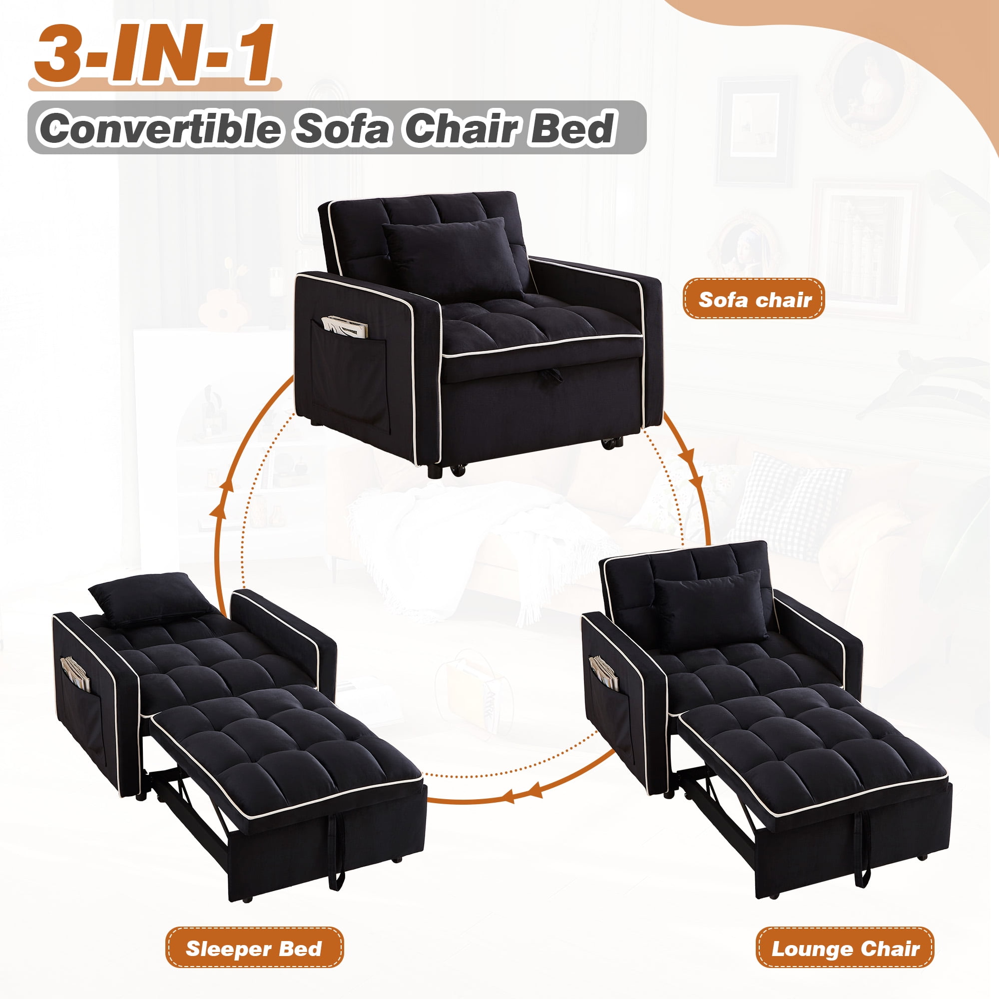 Dinosisco 4-in-1 Convertible Chair Bed, Sleeper Chair Lounge Chair Indoor, Modern Single Pull Out Couch for Living Room, Black Velvet