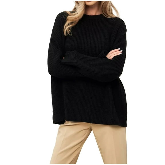 Ladies Sweaters Crewneck Sweaters Fall Winter Loose Solid Color Casual Inner Knitwear Fall Sweater Black L