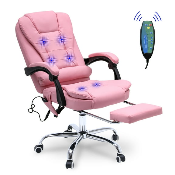 TTGIEET Reclining Office Chair with Massage, Ergonomic Office Chair w/Foot Rest, PU Leather Executive Computer Chair w/Heated, Padded Armrest, High Back Swivel Recliner for Office Home Study (Pink)