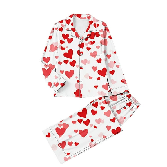 Womens Valentines Pajamas Sets Trendy Heart Pattern Long Sleeve Sleepwear Button Down Long Pants Loungewear Soft 2 Piece Pj Set