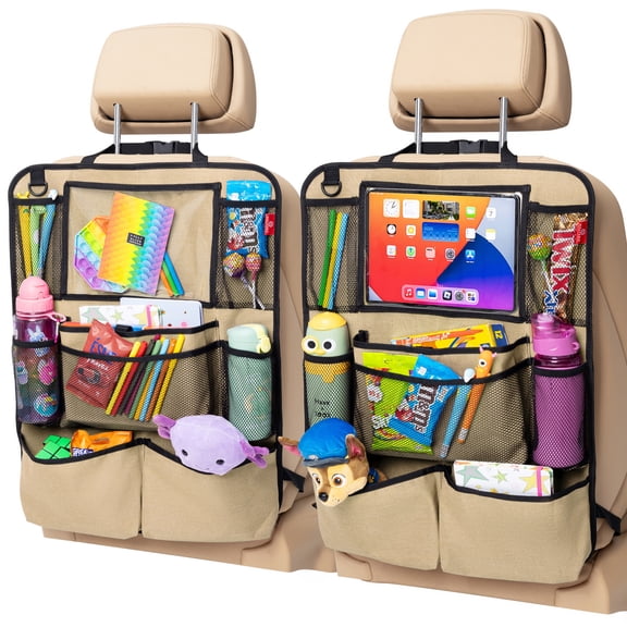 Helteko Backseat Car Organizer with 9 Storage Pockets, Polyester, 25 in x 19 in, 2 Pack, Beige