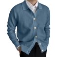 thumbnail image 2 of Men'S Lapel Cardigan Sweater Knit Long Sleeve Button Cardigan Slim Fit Casual Ribbed Knitted Jacket Blue L, 2 of 7