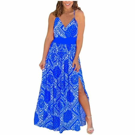 

Women Fashion Sexy Summer Sling Sleeveless V-Neck Sling Backless Tunic Slit Print Beach Long Dress girdle for women shapewear tummy control shapewear tummy control