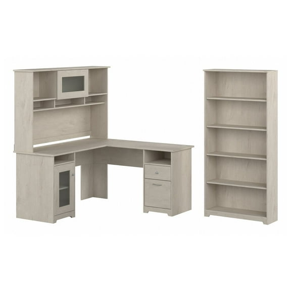 Bush Furniture Cabot L Shaped Desk with Hutch & Bookcase in Linen White Oak