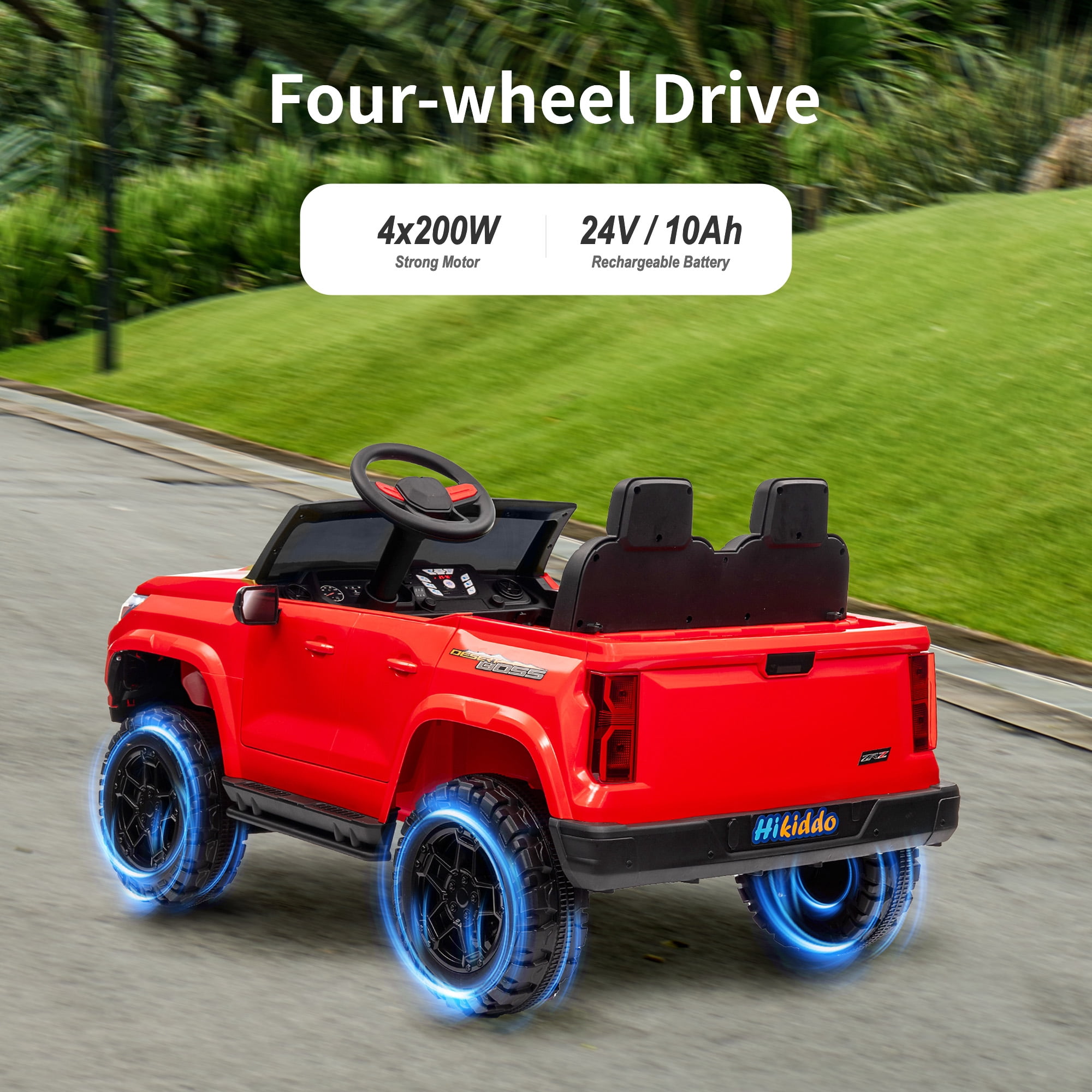 Hikiddo 4WD 2-Seater Electric Car for Kids, 24V 10Ah Ride on Toys Truck for Big Kids w/ Remote, 4x200W Motor - Red