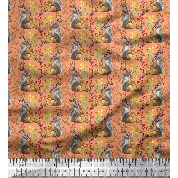 Soimoi Rayon Fabric Leaves,Floral & Squirrel Animal Printed Fabric 1 Yard 56 Inch Wide