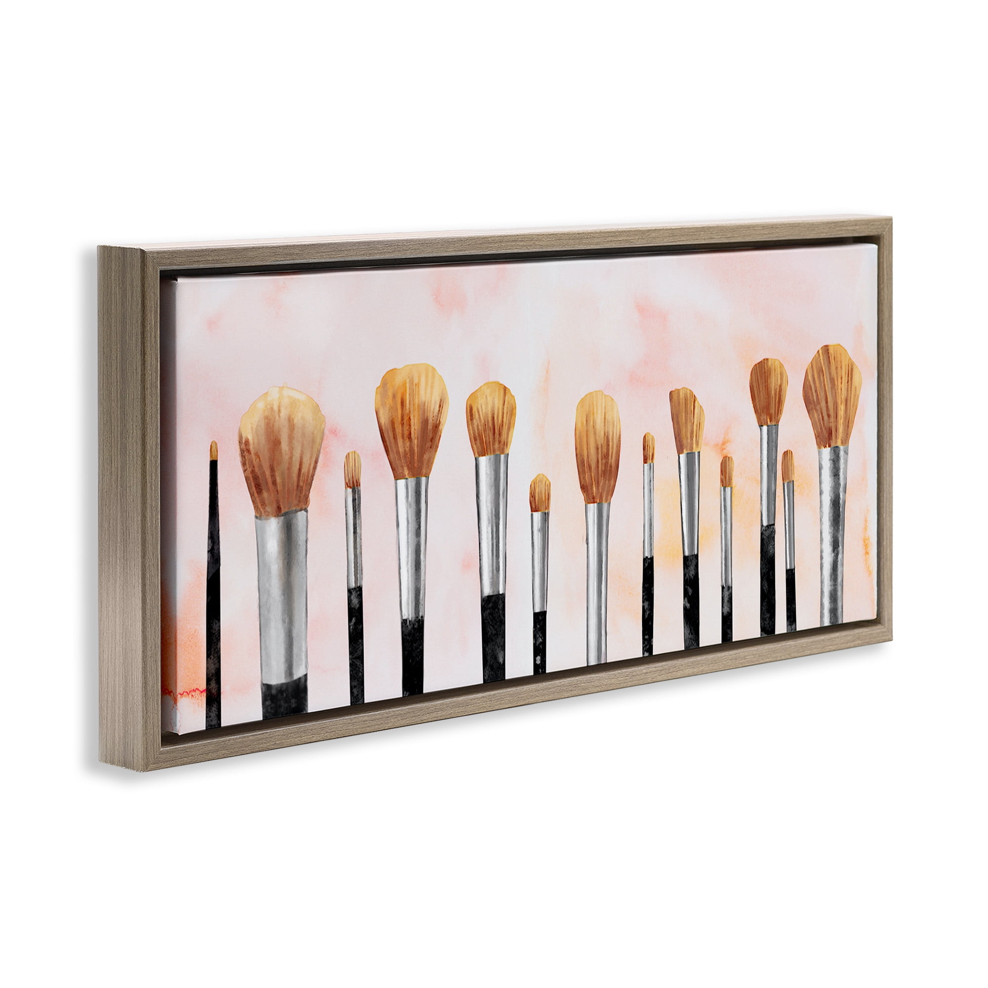 Stupell Industries Pink Makeup Brush Collection Beauty & Fashion Painting Brown Floater Framed Canvas Art Print Wall Art, 25 x 11