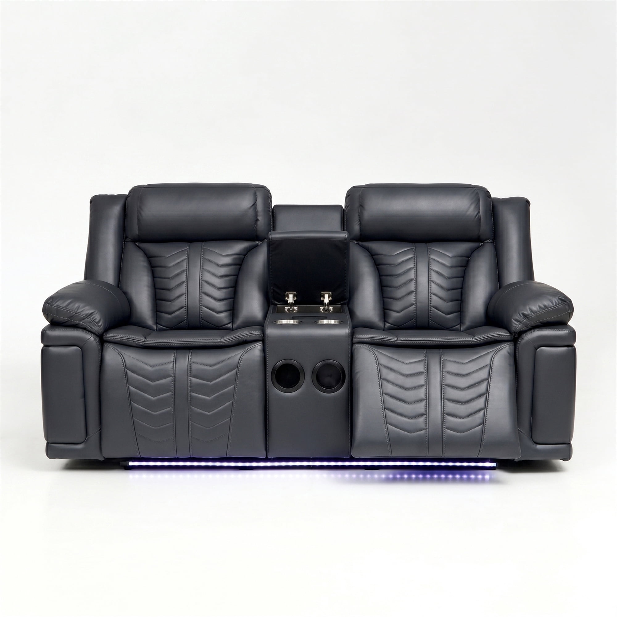 Electra Luxury Power Reclining Loveseat - Dark Grey Faux Leather Motion Console Couch with Built-In Bluetooth Speakers, Storage, Cup Holders, and Cinematic LED Lighting