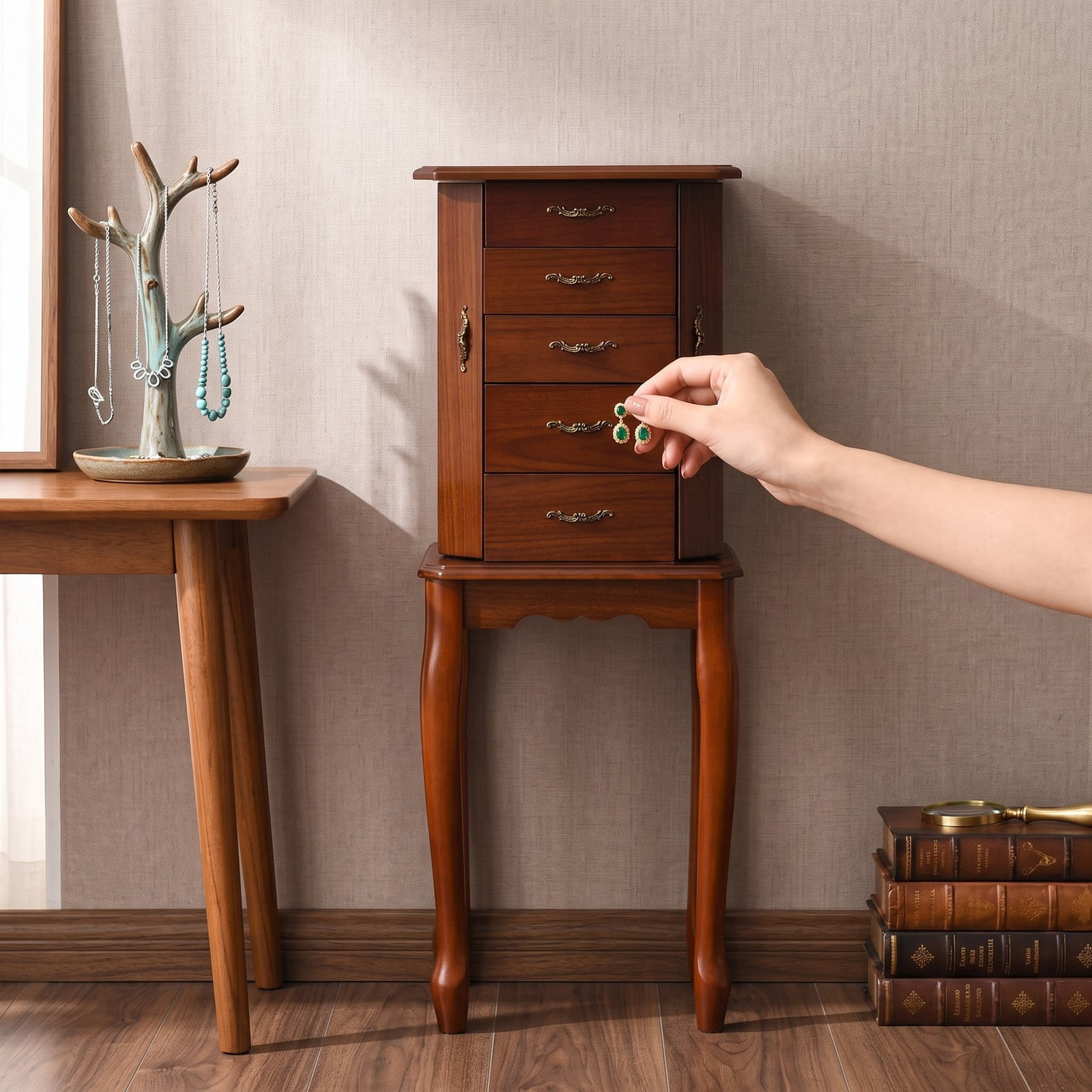 Furnibear Large Storage Capacity Freestanding Jewelry Cabinet with 5 Drawers, 2 Doors, and Top Lid Mirror for Bedroom, Walnut