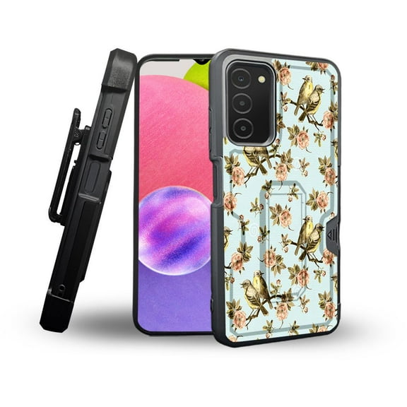 ANJ  Rugged Shockproof Holster Case Card Slot Kickstand   Tempered Glass Cover for Samsung Galaxy A03s - Birds on Tree Top