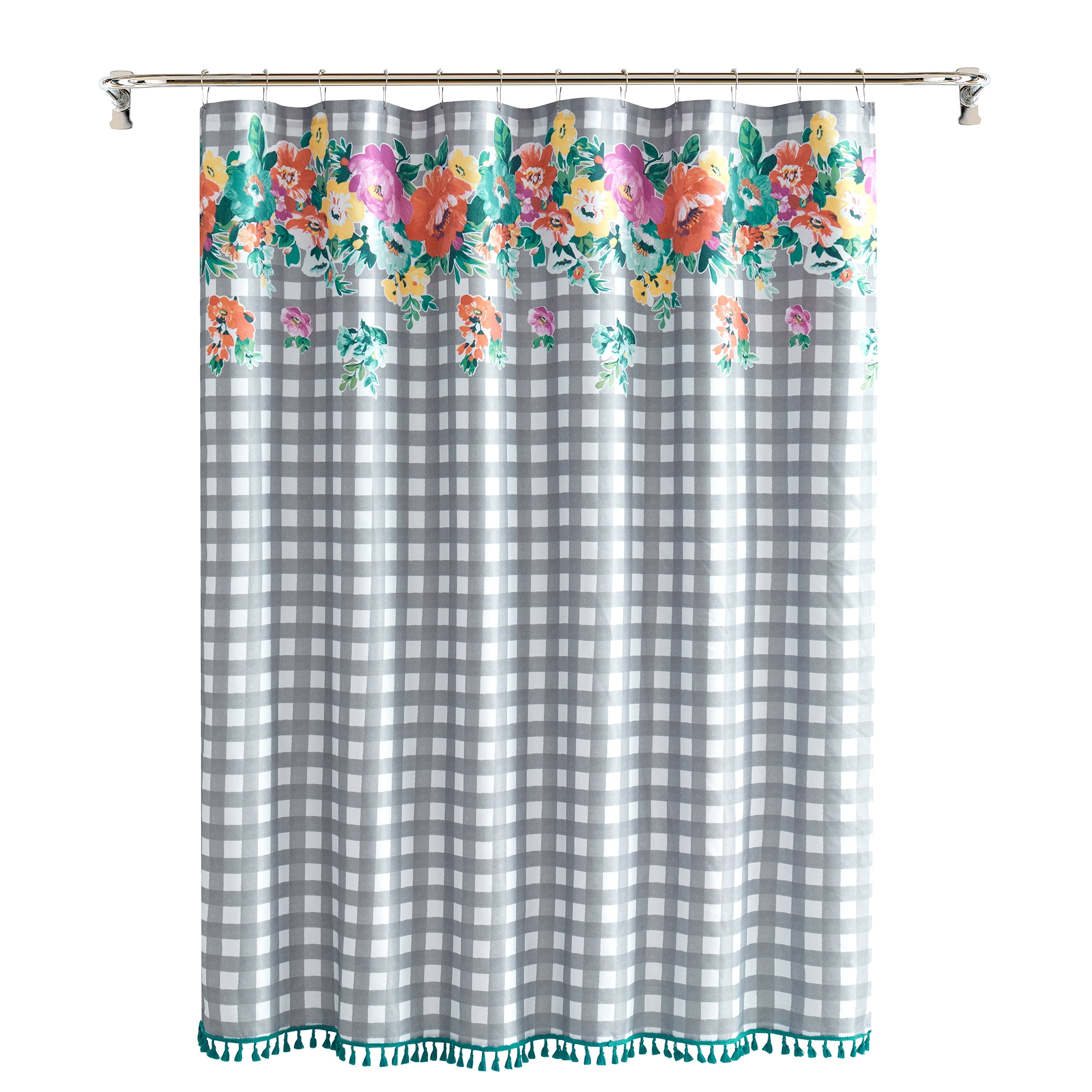 The Pioneer Woman Multi-color Plaid Floral Cotton Polyester Shower Curtain, 72 in x 72 in