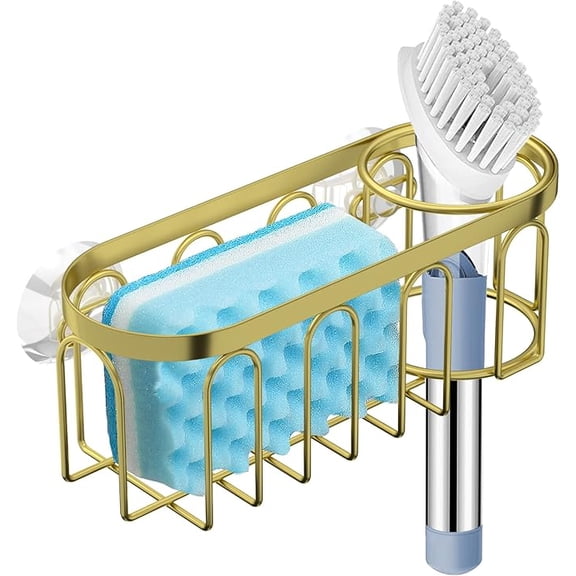 2-in-1 Sponge Holder for Kitchen Sink, Suction Cup Sponge Rack Kitchen Caddy, No Drill Rustproof Sink Organizer for Place Dishwashing Brush Soap (Gold)